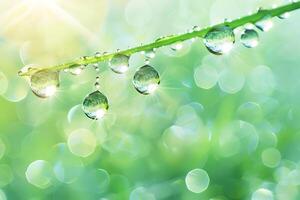 Large water drops of dew with reflecting sun on stem of green grass on light green background with bokeh. Artistic image of beauty and purity of environment photo