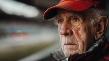 A pensive elderly man in a red cap gazes into the distance, his face telling a story of experience and contemplation photo