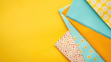 Brightly colored envelopes and polka dot patterned paper against a yellow background photo