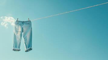 Light-washed jeans pinned to a clothesline against a clear blue sky photo