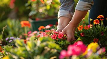 un de la persona manos cuidadosamente tender a vibrante jardín flores en suave luz de sol foto