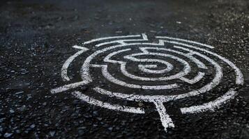 A close-up of a white labyrinth painted on wet, dark asphalt, reflecting light photo