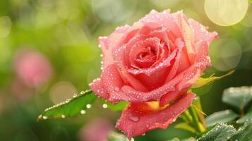 Dew-kissed pink rose bathed in soft sunlight, a symbol of love and beauty photo