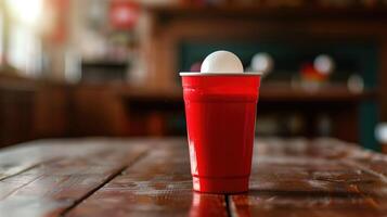 A beer pong cup setup, spotlighting a single white ball in sharp focus photo