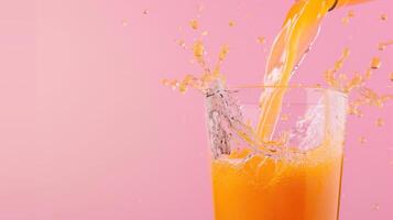Orange juice splashing from a glass on pink backdrop photo
