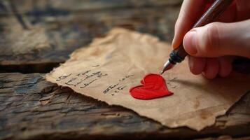 A hand writing a heartfelt message on a rustic paper with a red heart seal photo