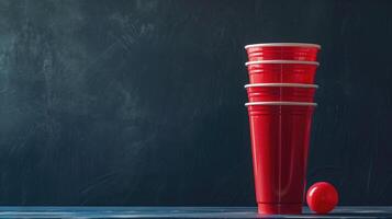 Red plastic cups in a row with a ball, dark mood photo