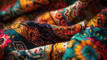 A close-up view of intricately patterned fabric displaying a rich blend of vibrant colors and designs photo