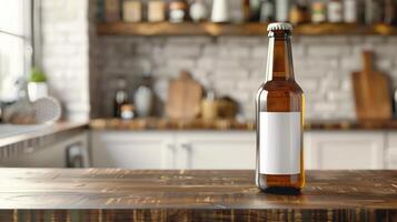 A single brown beer bottle with blank label on a wooden bar photo