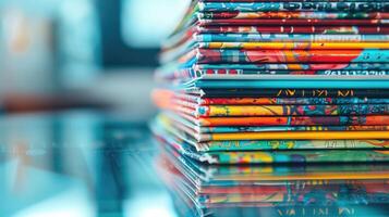 Macro shot of a vibrant stack of notebooks with artistic covers photo