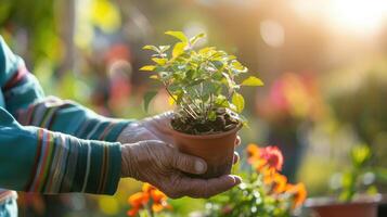 Close-up of hands nurturing a young potted plant, with sunlit garden backdrop photo