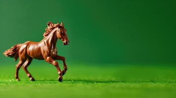 A dynamic plastic toy horse mid-gallop against a vivid green background, simulating motion photo