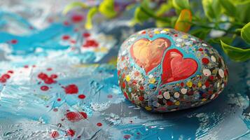 Colorful hand-painted stone adorned with hearts, placed on a vibrant artistic background photo