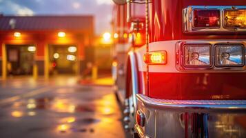 Close-up of fire truck lights at dusk outside a fire station photo