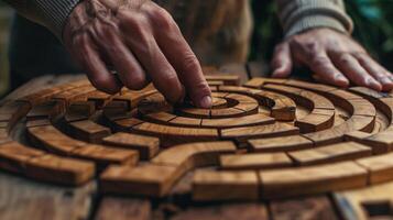 Hands navigating a wooden maze puzzle, metaphor for problem-solving and strategy photo