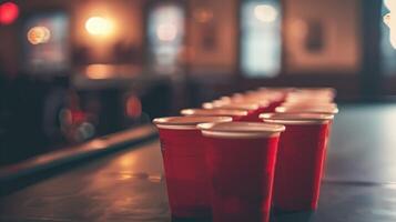 A warm ambiance envelops a line of red party cups arranged neatly on a bar counter photo