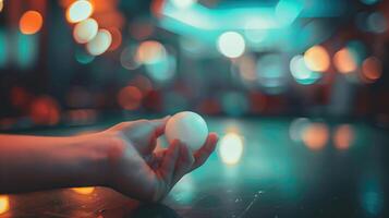 A hand holds a glowing orb, poised for play, with blurred colorful lights in the background photo