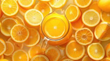 Overhead view of fresh orange slices and a glass pitcher filled with orange juice photo