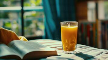 Sunny reading nook with a glass of orange juice and an open book photo