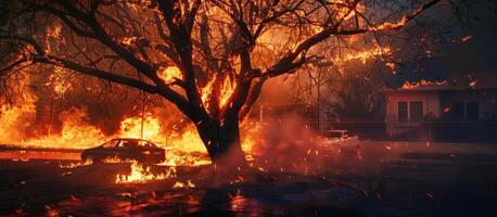 A tree engulfed in flames. photo