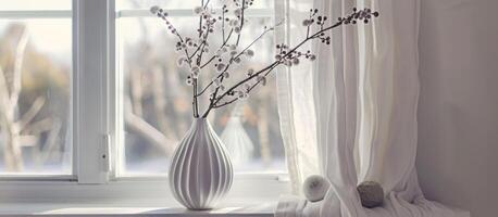 A delicate vase adorns the tall white window. photo