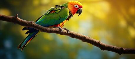 Colorful parrot perched on a tree branch. photo