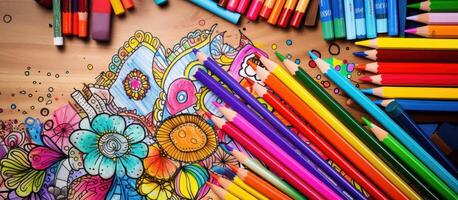 Coloring pages, felt-tip pens, pencils, notebook and toys on grunge background. photo