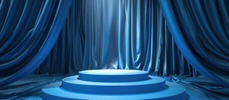 Blue background of 3d podium and fabric curtain. photo