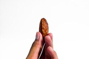 Hand hold date fruit on white background with random dates photo