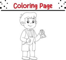 boy scientist holding test tubes coloring page for kids. vector