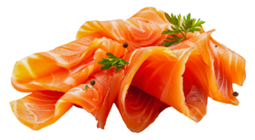 Fresh sliced salmon with dill garnish, cut out - stock . png