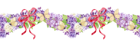 Horizontal seamless border with white and purple lilacs wrapped in pink silk ribbons. Watercolor spring flowers in botanical style and butterflies. Illustration for printing on fabric. png