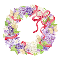 lilla ghirlanda intrecciate con rosa raso nastri. acquerello telaio di primavera fiori con bianca farfalle e rosa seta arco. nozze invito modello con posto per testo. arredamento nel boho stile. png