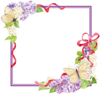 fyrkant ram med syren sammanflätade med rosa satin band. vattenfärg mönster av vår blommor med vit fjärilar och rosa silke rosett. bröllop inbjudan illustration med plats för text. png