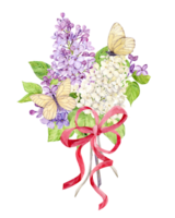 A bouquet of lilacs with a red silk bow on a transparent background. White, violet and violet spring watercolor flowers and white butterflies. Illustration for greeting cards of Mother's Day. png
