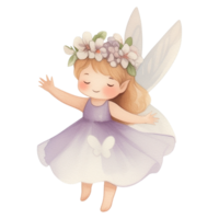 Watercolor illustration of cute Fairy with flowers. Drawing of fantastic Pixie for baby shower greeting cards and kid's birthday invitations. Art of fairytale Sprite for child nursery. Elf for girl. png