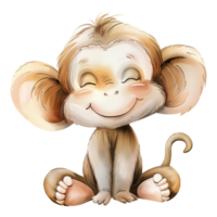 Monkey watercolor illustration. Smiling baby animal for safari travel. Cute drawing for baby shower greeting cards or childish birthday invitations. Character for nursery in pastel colors. png