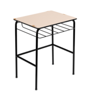 wooden school desk with black iron, old desk destroyed on set, black rubber feet and scratched wood png