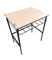 wooden school desk with black iron, old desk destroyed on set, black rubber feet and scratched wood png