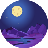 un rico, minimalista noche paisaje con un río y montañas. png