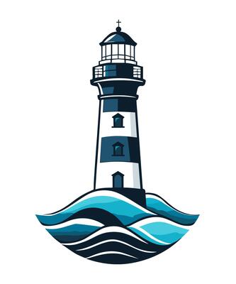 Lighthouse with white and navy stripes surrounded by sea waves
