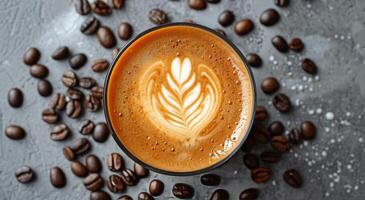 A Cup of Coffee Surrounded by Coffee Beans photo
