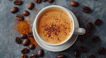 A Cup of Coffee Surrounded by Coffee Beans photo