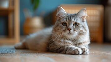 gris gato con azul ojos tendido en de madera piso foto