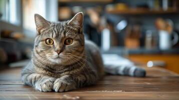 gris gato con azul ojos tendido en de madera piso foto