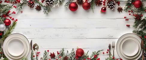 Elegant Christmas Table Setting on White Wooden Table photo