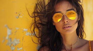 Woman Wearing Sunglasses Leaning Against Yellow Wall photo