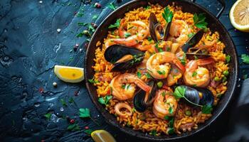 Delicious Paella With Shrimp and Mussels in a Pan photo
