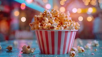 Popcorn in a Red and White Striped Bucket photo