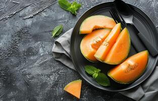 Sliced Cantaloupe on a Black Plate With Mint Leaves photo